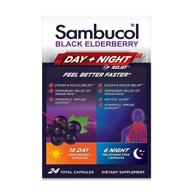 Sambucol Black Elderberry Day & Night Cough Relief - Immune Support Capsules - 24ct