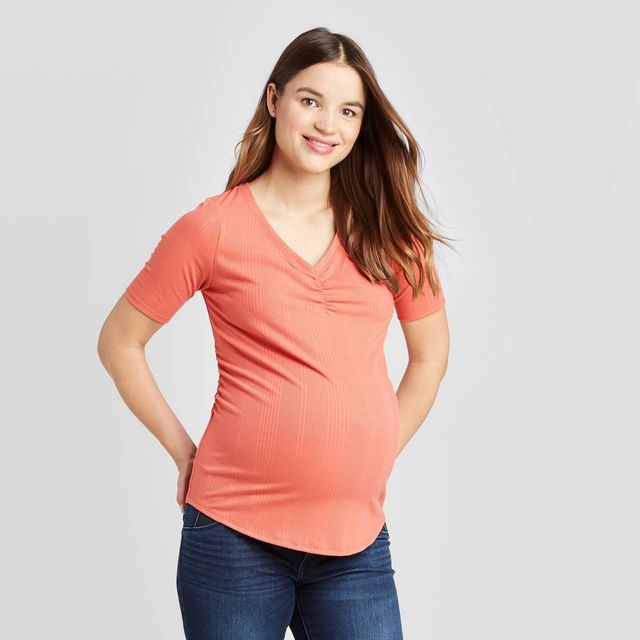 Maternity Elbow Sleeve V-Neck Textured Rib T-Shirt