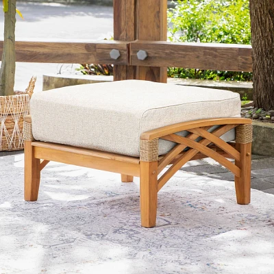 Cambridge Casual Carmel Teak Wood Patio Outdoor Ottoman with Tan Cushion