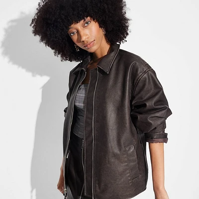 Womens Faux Leather Oversized Bomber Jacket