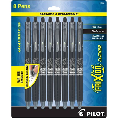 FriXion 8ct Pens Clicker 0.7mm Black: Erasable Gel Pens for Art & Office, Stationery with Eraser, Black Ink