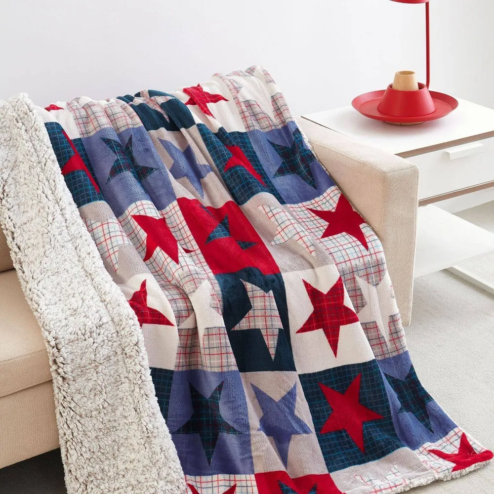 50x60 Velvet to Teddy Faux Shearling Stars Design Throw Blanket - Mantolok: Cozy, Reversible, Country Style Decor