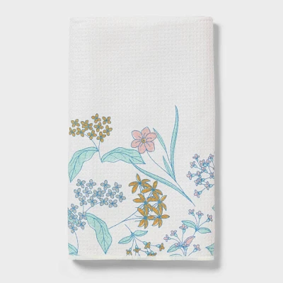 1pc Quick Dry Floral Border Waffle Hand Towel White - Room Essentials