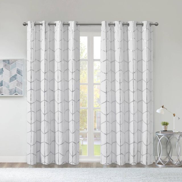 84x50 Arielle Total Blackout Metallic Printed Curtain Panel White: Intelligent Design, Geometric, Energy Efficient