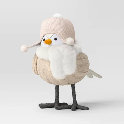 Featherly Friends Gezellig Fabric Christmas Bird Figurine in Pink Hat and White Faux Fur Scarf - Wondershop