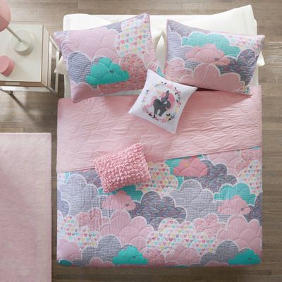 Full/Queen Euphoria Cotton Reversible Fluffy Cloud Print Kids Quilt Set Pink