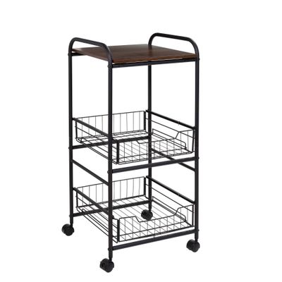 Honey-Can-Do 3 Tier Slim Rolling Cart with Pull Out Baskets: Black Steel Utility Storage, Small Rolling Cart with Drawers