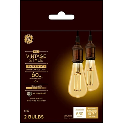 GE 2pk 60W Vintage Style ST19 LED Edison Light Bulbs Amber Glass