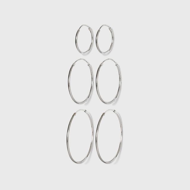 Womens Sterling Silver Small, Medium and Large Hoop Earring Set 3pc - Silver