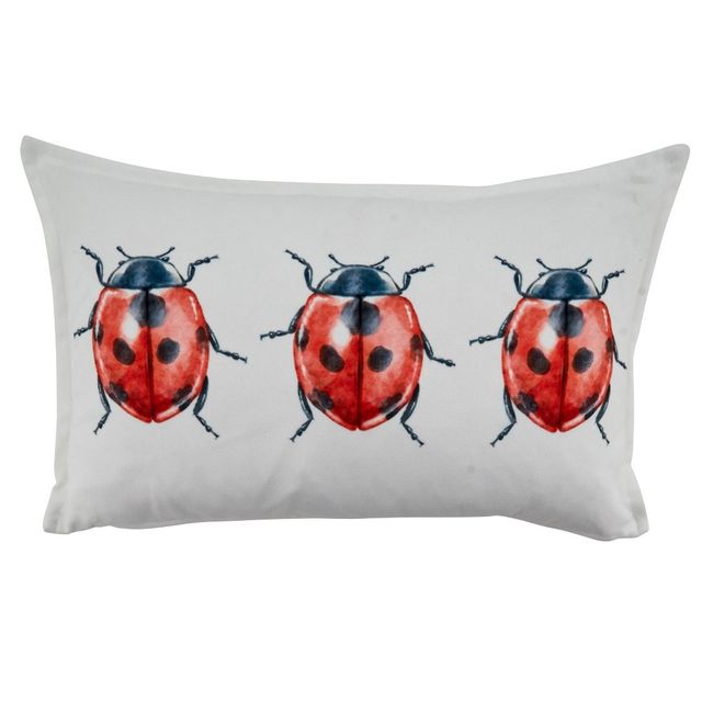 12x20 Lady Bugs Poly Filled Throw Pillow White - SARO: Indoor Decorative Cushion, Forest Animal Design