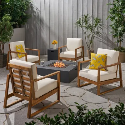 Belgian 6pc Acacia Wood Chat Set & Fire Pit-  - Christopher Knight Home