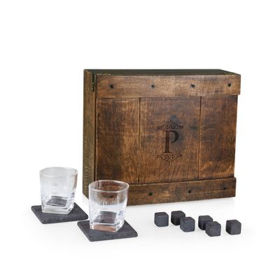 Picnic Time 11pc Monogram Whiskey Box Gift Set P: Handcrafted Drinkware Set, Includes Tumblers & Coasters