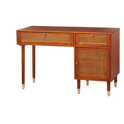 Allen Desk with Faux Rattan Front Accents Walnut - angelo:HOME: Laminated Writing Desk, Enclosed Storage Cabinet