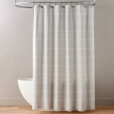 Horizontal Stripe Shower Curtain with Fringe Gray/Cream - Hearth & Hand with Magnolia: Cotton Blend, Dobby Weave, Buttonhole Top