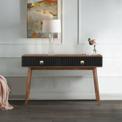 Amigo Veneer Wood Console Table Black/Walnut - Armen Living: 2 Drawers, Soft-Close Glides, 47W