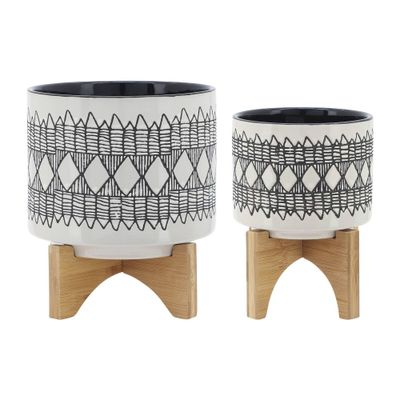 Set of 2 Geometric Ceramic Planters on Wooden Stand Gray - Sagebrook Home: Indoor/Outdoor Decorative Pot Set