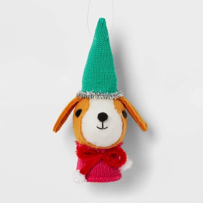 Fabric Dog Head with Green Hat and Red Bow Christmas Tree Ornament - Wondershop