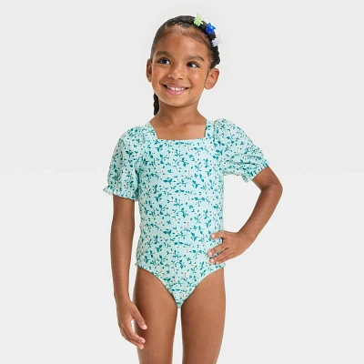 Baby Girl Puff Sleeve Dity Floral Printed One Piece Swimuit