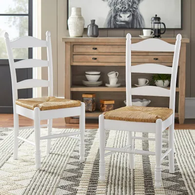 Set of 2 Ladder Back Dining Chairs White/Natural Rush - Buylateral: Hardwood Frame, Kitchen Seating