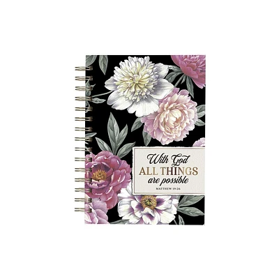 Christian Art Gifts Black Journal W/Scripture Floral All Things Large Bible Verse Notebook, 192 Ruled Pages, Matt. 19:26 Bible Verse - (Spiral Bound)