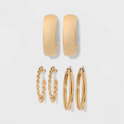 Frozen Chain and Chunky Hoop Trio Earring Set 3pc - Wild Fable Gold