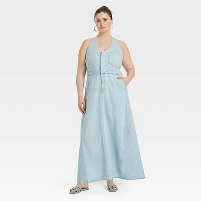 Womens Halter Neck Denim Maxi Dress