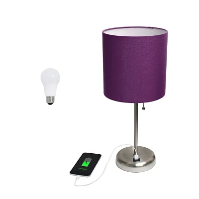 Creekwood Home Oslo 19.5 USB Port Feature Metal Table Desk Lamp in Brushed Steel with Feit LED (Includes LED Light Bulb) Purple