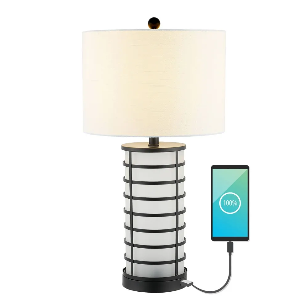 27 Jayce Modern Industrial Iron Nightlight LED Table Lamp with USB Charging Port Black (Includes LED Light Bulb) - JONATHAN Y: Drum Shade