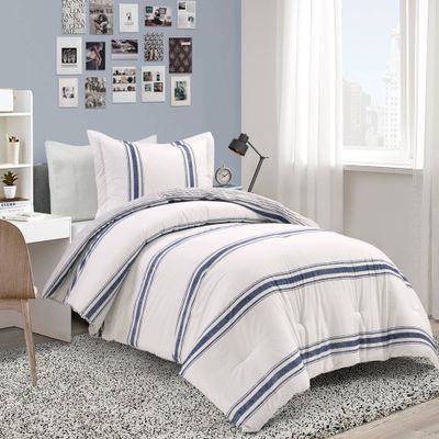 2pc Twin/Twin Extra Long Farmhouse Stripe Reversible Cotton Comforter & Sham Set Navy - Lush Dcor