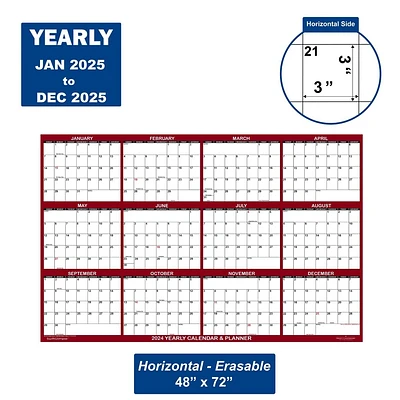 SwiftGlimpse 48x72 Calendar Planner January 2025 to December 2025 Maroon: Wall Calendar, Laminated, Lay-Flat Binding