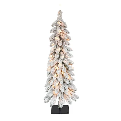 Puleo 4 Pre-lit Flocked Pencil Alpine Fir Artificial Christmas Tree with Clear Lights