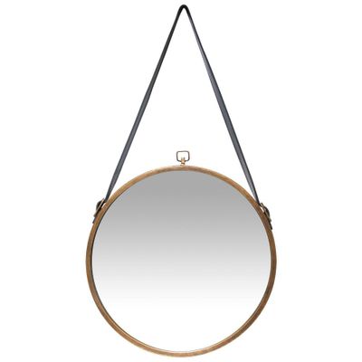 16 Farmhouse Round Hanging Wall Mirror with Frame Leather Strap Brass - Infinity Instruments