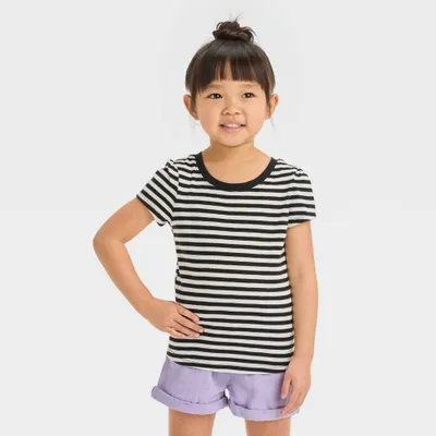 Toddler Girls Striped Short Sleeve T-Shirt - Cat & Jack Black 12M: Ruffle Eyelet Sleeves, Jersey