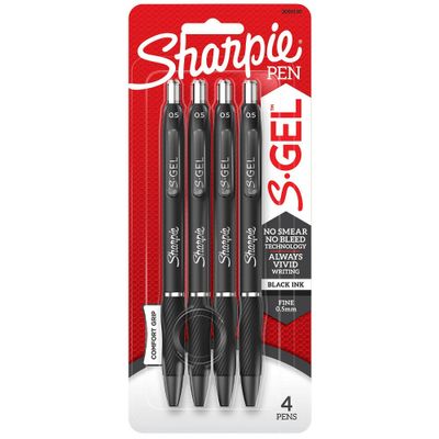 Sharpie S-Gel 4pk Gel Pens 0.5mm Fine Tip Black: Retractable, Contoured Rubber Grip, Pocket Clip, Stationery & Office