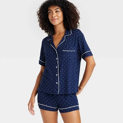 Women Polka Dot Cloud Knit Short Sleeve Top and Short Pajama Set