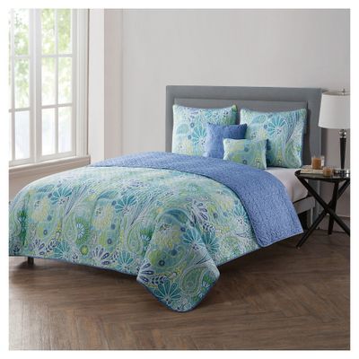 VCNY Queen Harmony Reversible Paisley Quilt Set Blue : Full/Queen Size, Microfiber, Hypoallergenic, 5-Piece Bedding Set