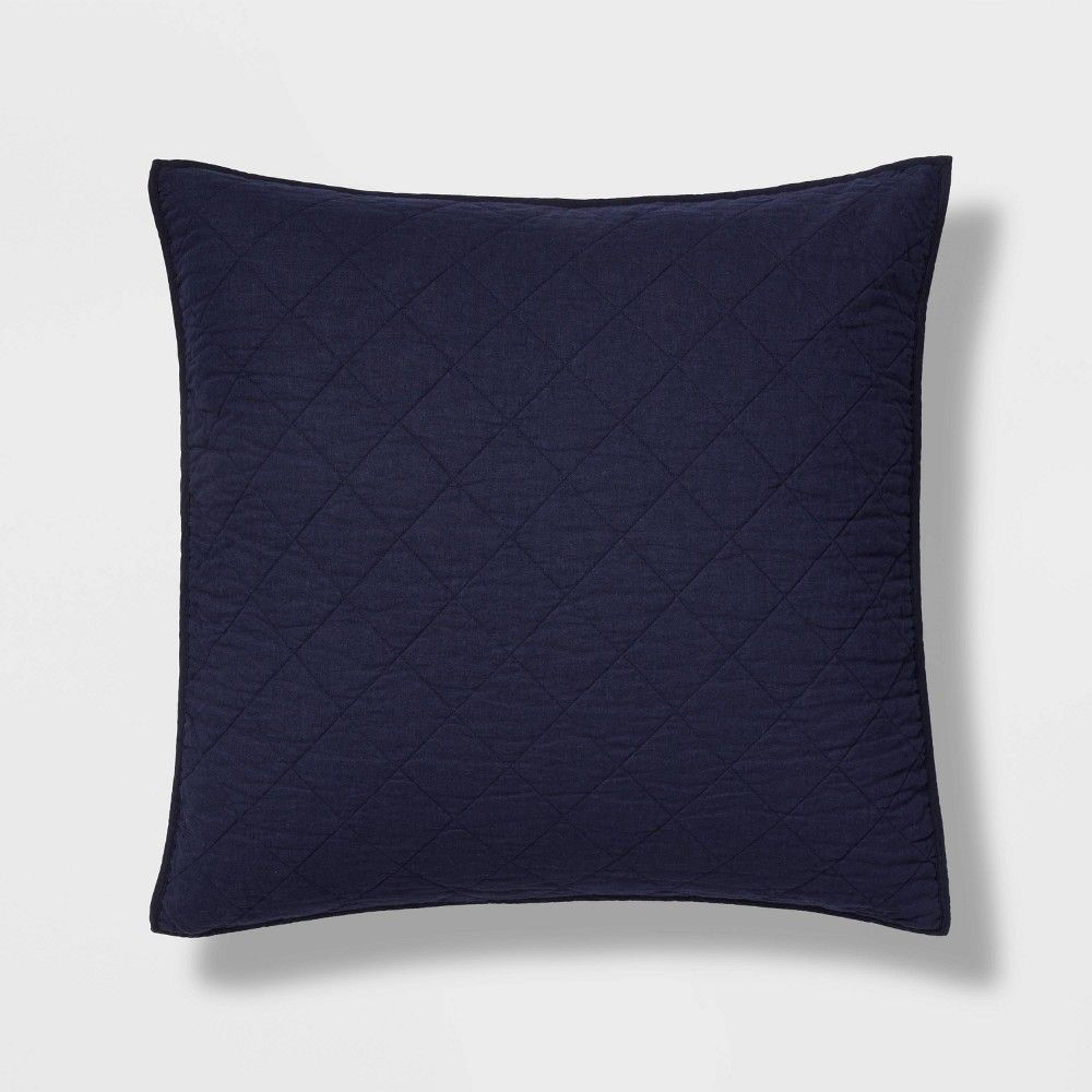 Euro Diamond Stitch Cotton Linen Quilt Sham Navy - Threshold: OEKO-TEX Certified, Woven Texture, Machine Washable