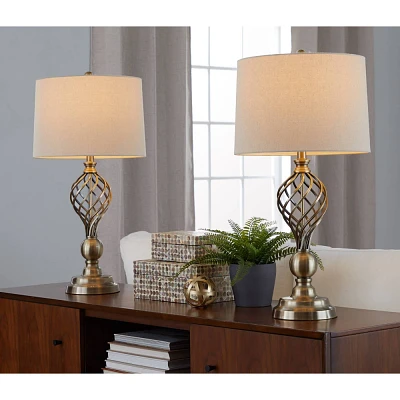 LumiSource: Linx Twist 29 Metal Table Lamps, Antique Soft Brass, Set of 2 with White Linen Drum Shade