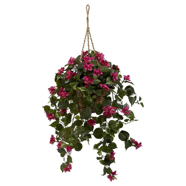 Nearly Natural Bougainvillea Silk Hanging Basket: Indoor Faux Floral Decor, Wicker Basket