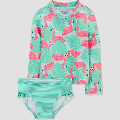 Carters Just One You Baby Girls Long Sleeve Flamingo Printed Rash Guard Set