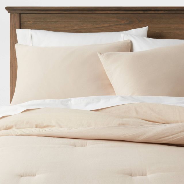 Twin/Twin Extra Long Washed Cotton Sateen Comforter and Sham Set Khaki - Threshold: 250 Thread Count, OEKO-TEX Certified