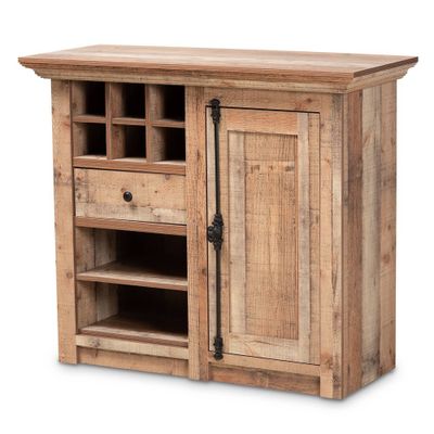 1 Door Albert Farmhouse Rustic Wood Dining Room Sideboard Buffet Oak Brown - Baxton Studio: Storage Cabinet with Wine Rack