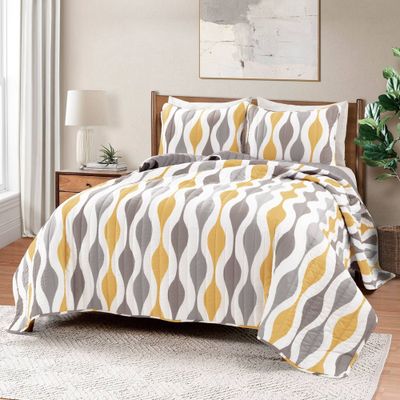 3pc King Mid Century Geo Quilt Set Gold/Gray - Lush Dcor