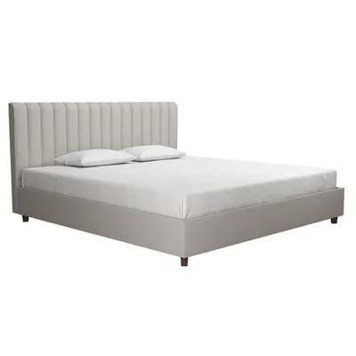 King Brittany Upholstered Bed Light Gray Linen - Novogratz: Mid-Century Modern, Polyester, MDF Frame