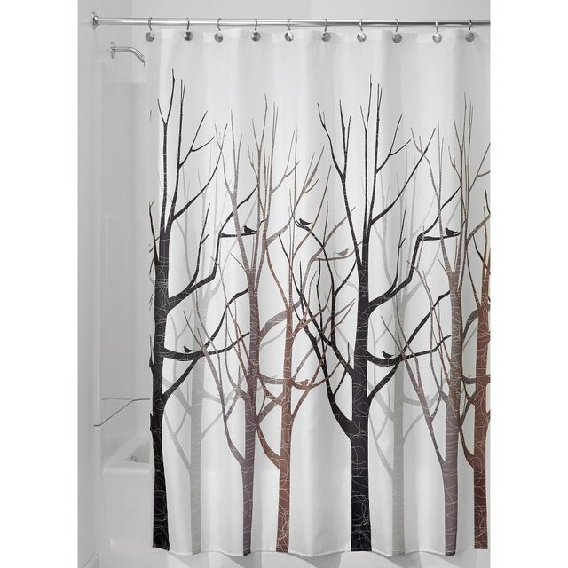 iDESIGN Forest Shower Curtains White/Brown: Polyester, Botanical Pattern, Easy Care