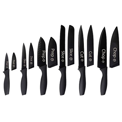 MasterChef 12pc Knife Set with Covers Sharp Nonstick Coated Knives Essential Black Collection: Stainless Steel Blades, Rubber Handles