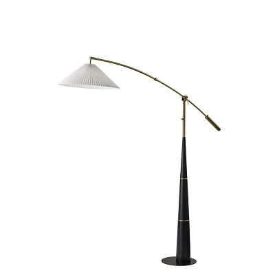 Adesso Leroy Arc Lamp Black: Adjustable Height, Antique Brass Base, Pleated Fabric Shade, ETL Listed