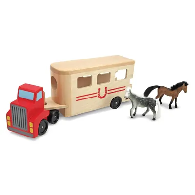 Melissa & Doug Horse Carrier Wooden Vehicle Play Set With 2 Flocked Horses and Pull-Down Ramp