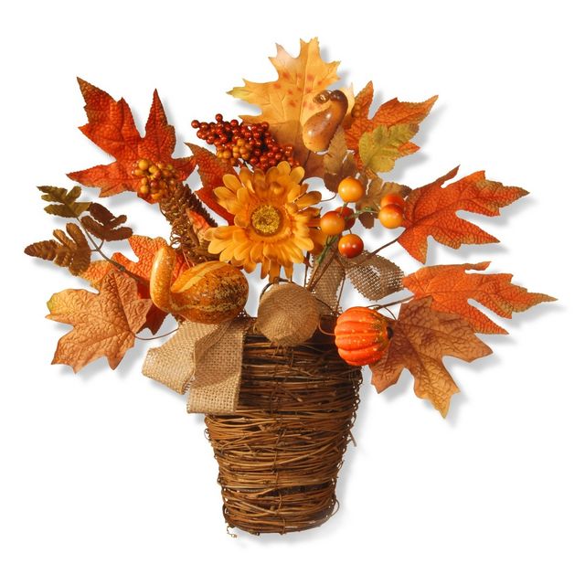 16 Maple Leaf Wall Basket - National Tree Company: Autumn Door Decor, Woven Rattan Basket, Berry Clusters