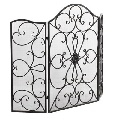 Traditional Medallion Fireplace Screen Black - Olivia & May: Iron, 3-Panel, Indoor Use